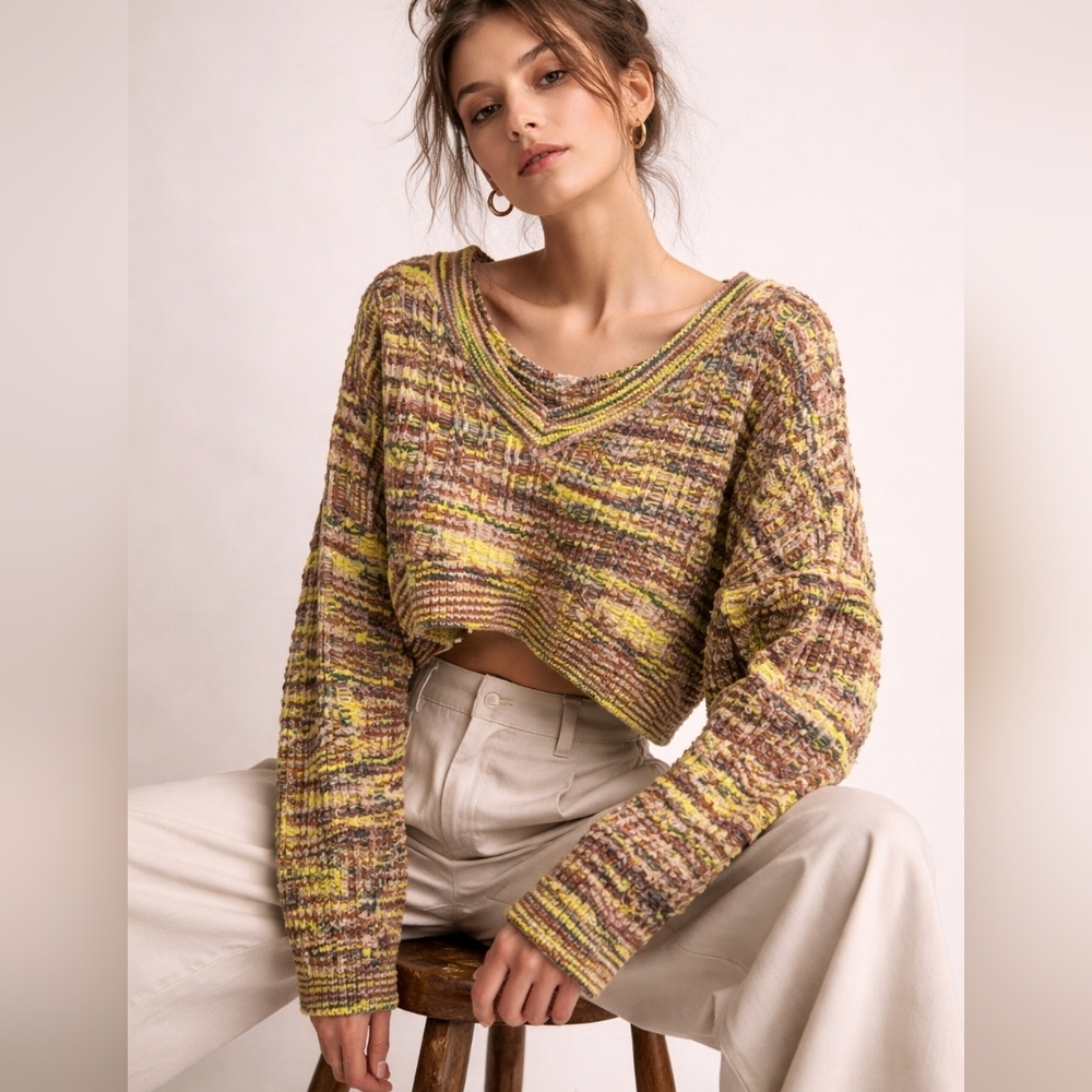 Silence + Noise Multicolor Textured Cropped Sweater | Chunky Knit V-Neck XS/S